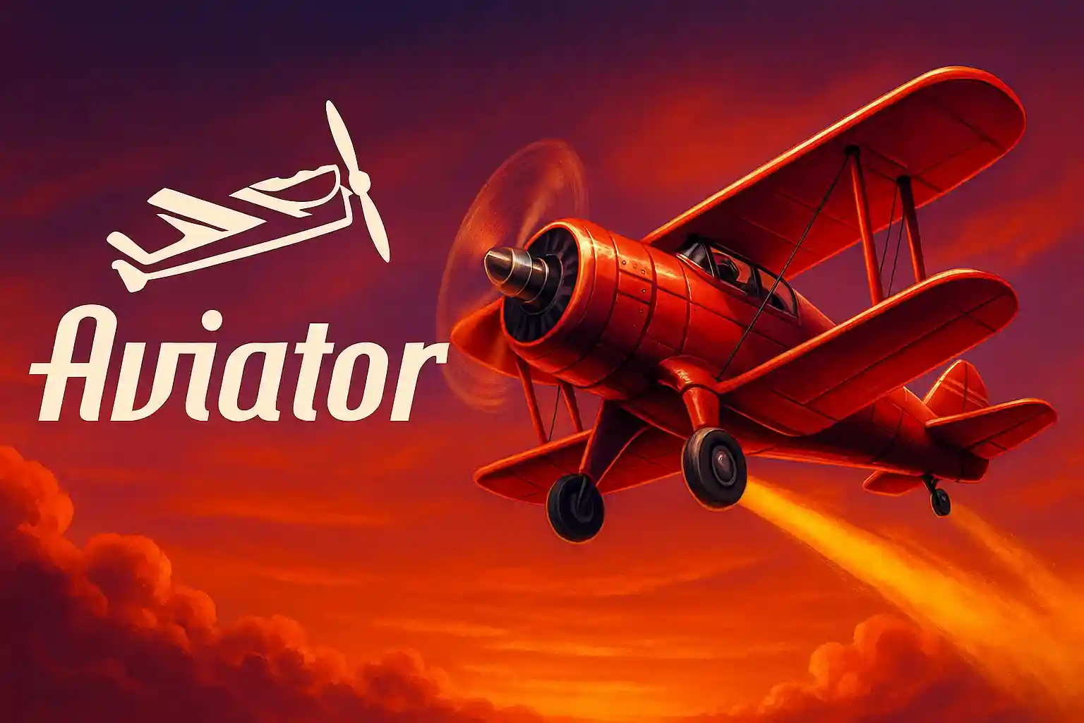 Aviator crash game promotional image featuring classic red biplane flying through orange clouds with game logo and stylized plane icon