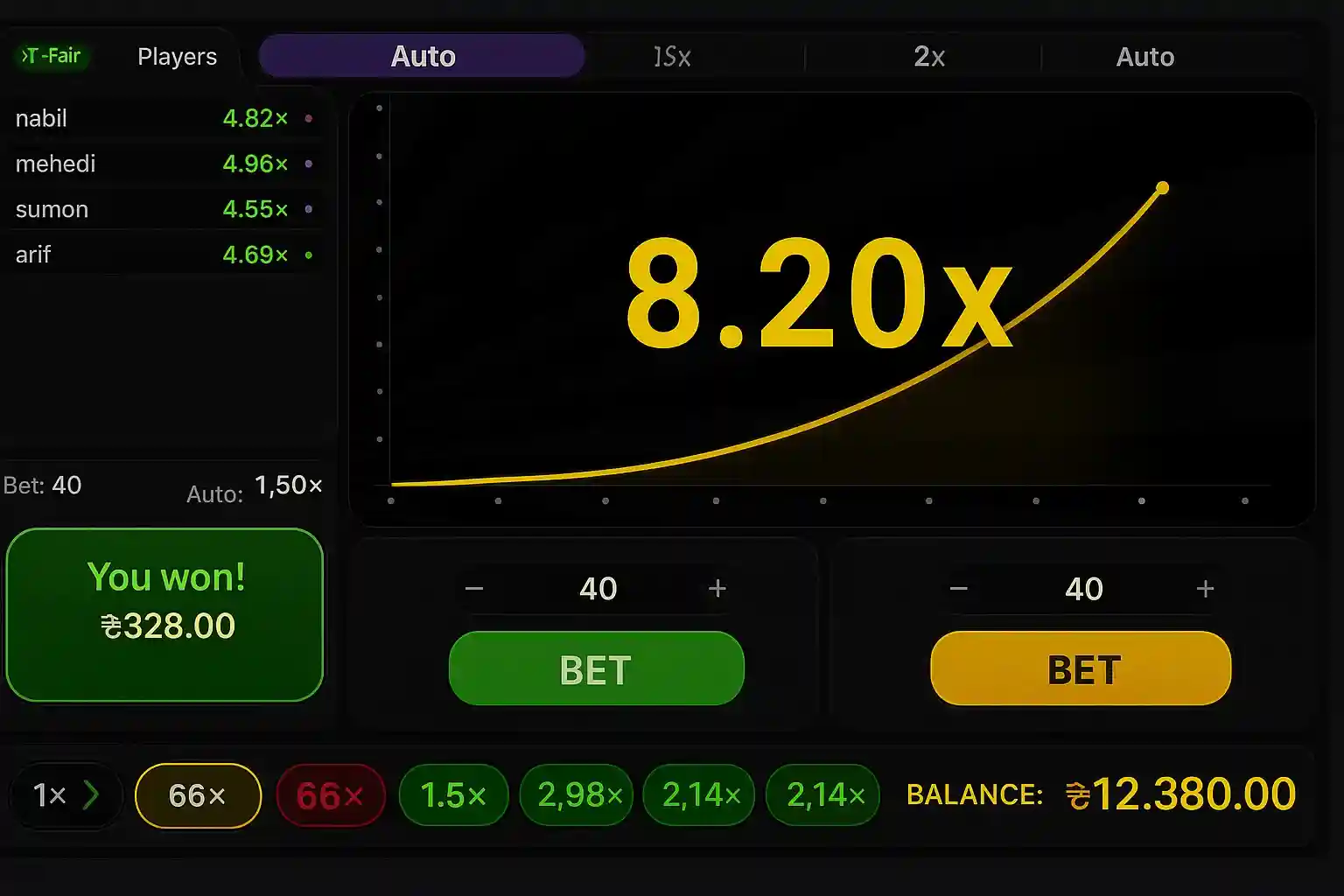 Crash game interface showing successful 8.20x multiplier win with ₹328.00 payout, displaying player list and betting options with golden curve trajectory