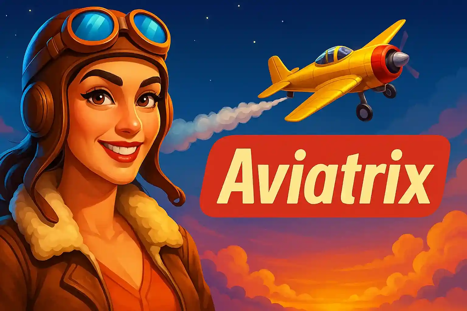Aviatrix crash game promotional banner featuring smiling female pilot in leather jacket with goggles and yellow vintage aircraft in sunset sky