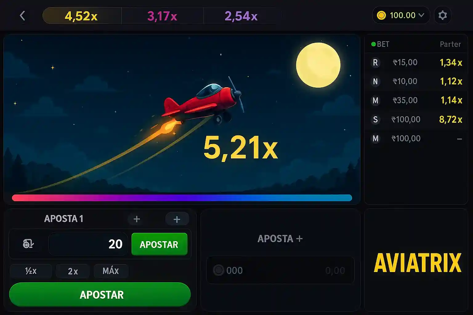 Aviatrix crash game interface displaying 5.21x multiplier with red vintage aircraft, moon in background, and player betting information showing various multipliers