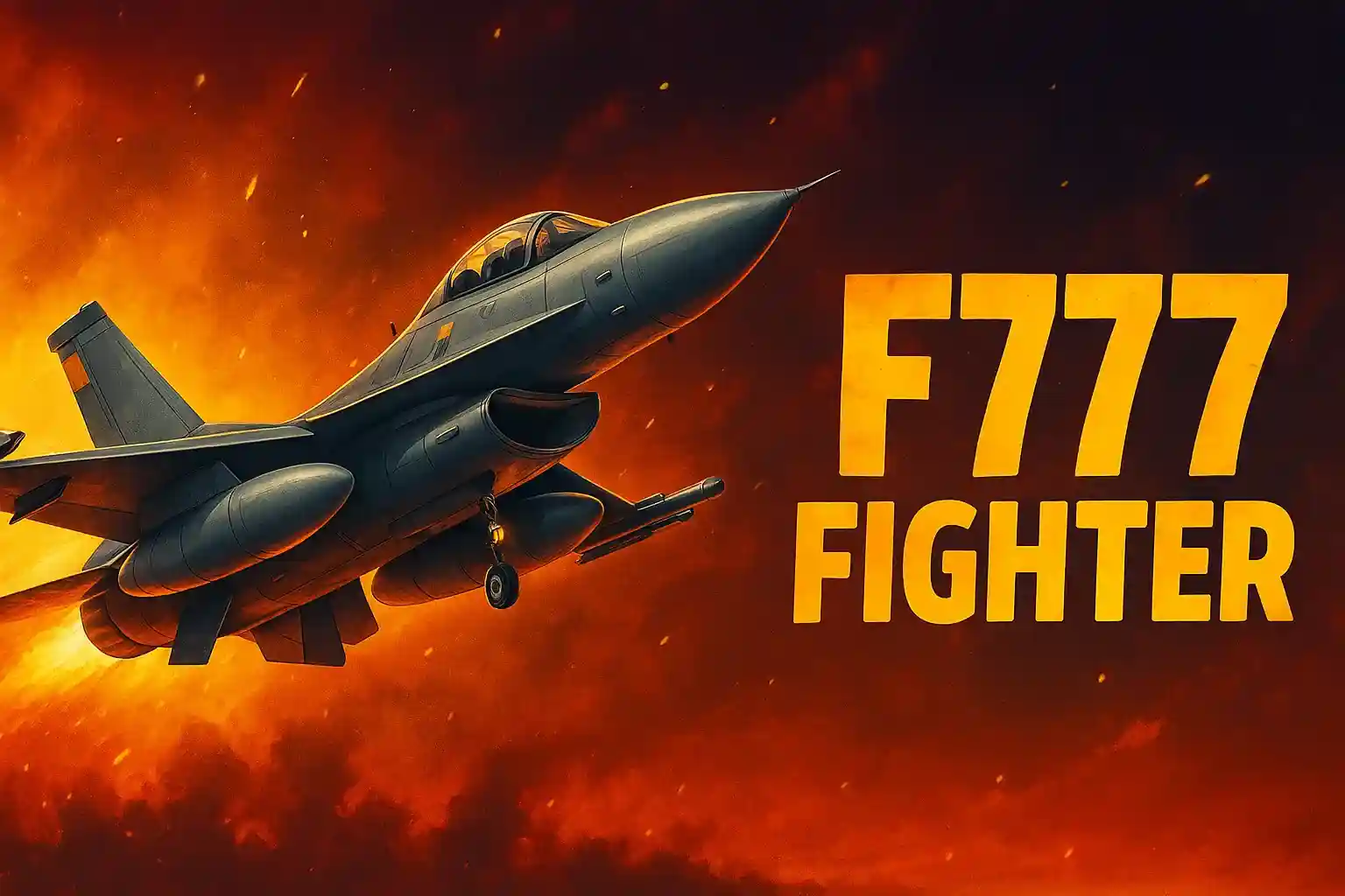F777 Fighter crash game promotional image featuring realistic military fighter jet against dramatic orange and black sky with game title