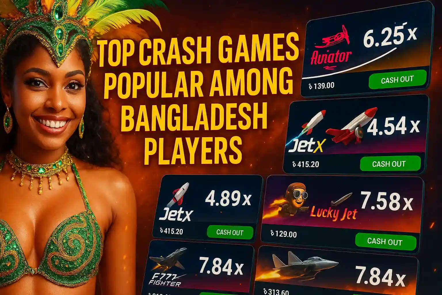 Promotional banner showing top crash games popular among Bangladesh players featuring woman in green and gold traditional attire with game interfaces showing Aviator, JetX, Lucky Jet, and F777 Fighter with multipliers