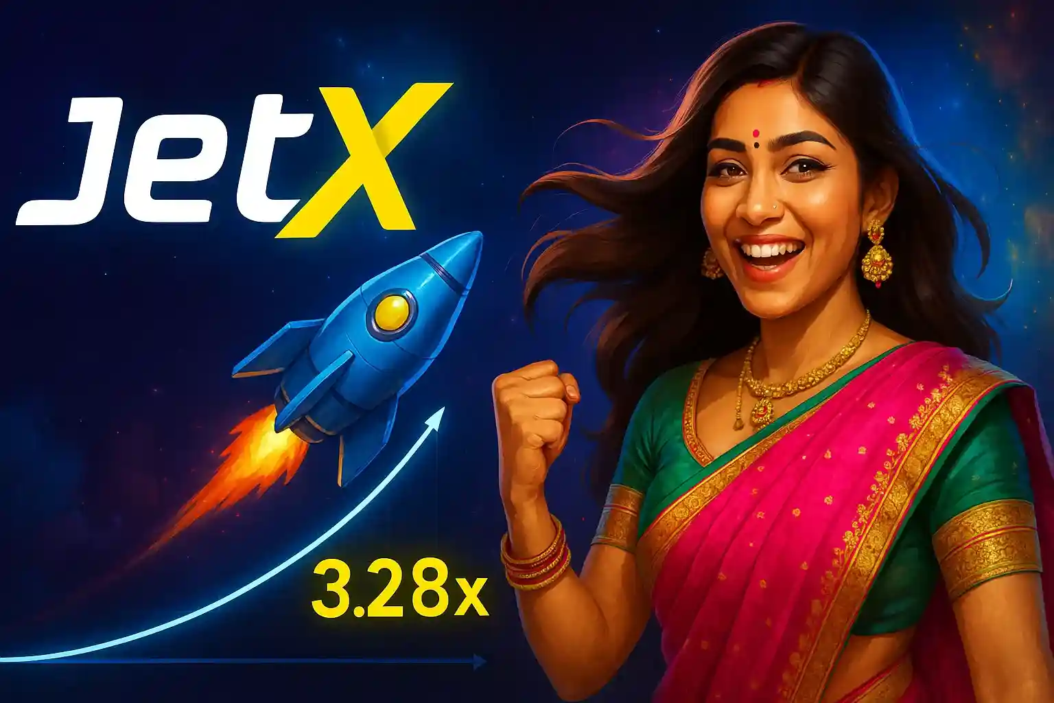JetX crash game promotional image with happy Indian woman in colorful sari celebrating with 3.28x multiplier and blue rocket in background