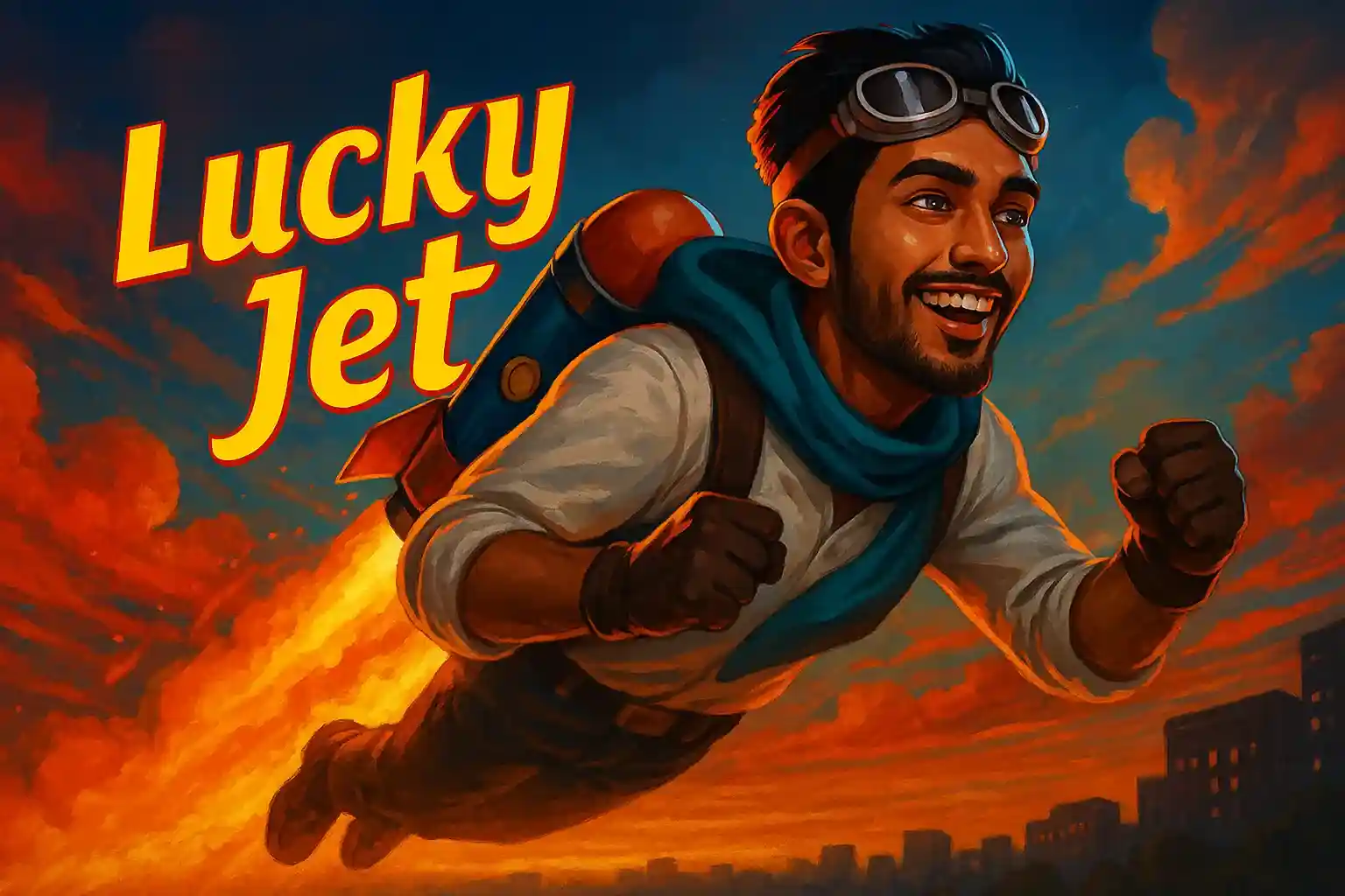 Lucky Jet promotional artwork showing excited pilot character with goggles and scarf flying through orange sky with jet pack
